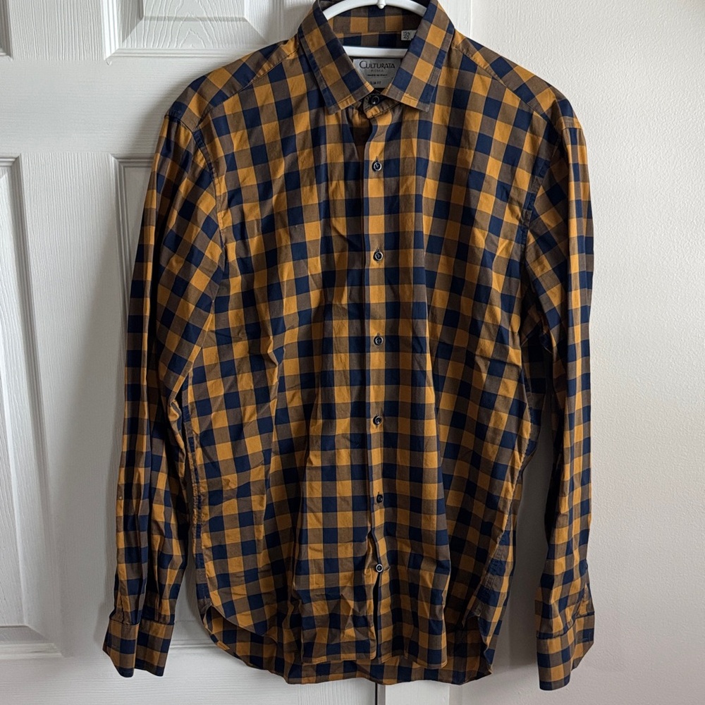 Men's Checkered Button Down Shirt - Mustard and Navy